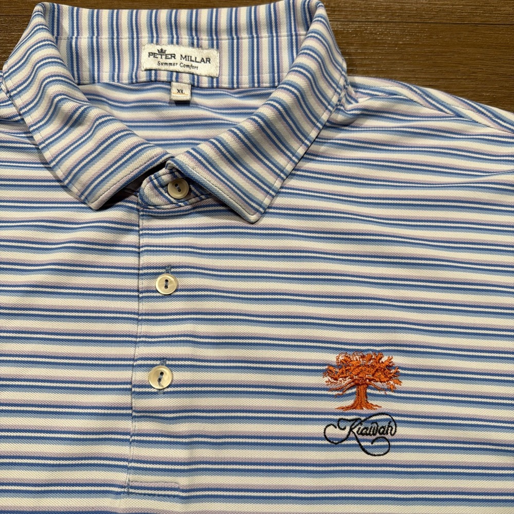 Peter Millar Summer Comfort Polo Shirt XL Blue Pink Stripe Kiawah Golf Course